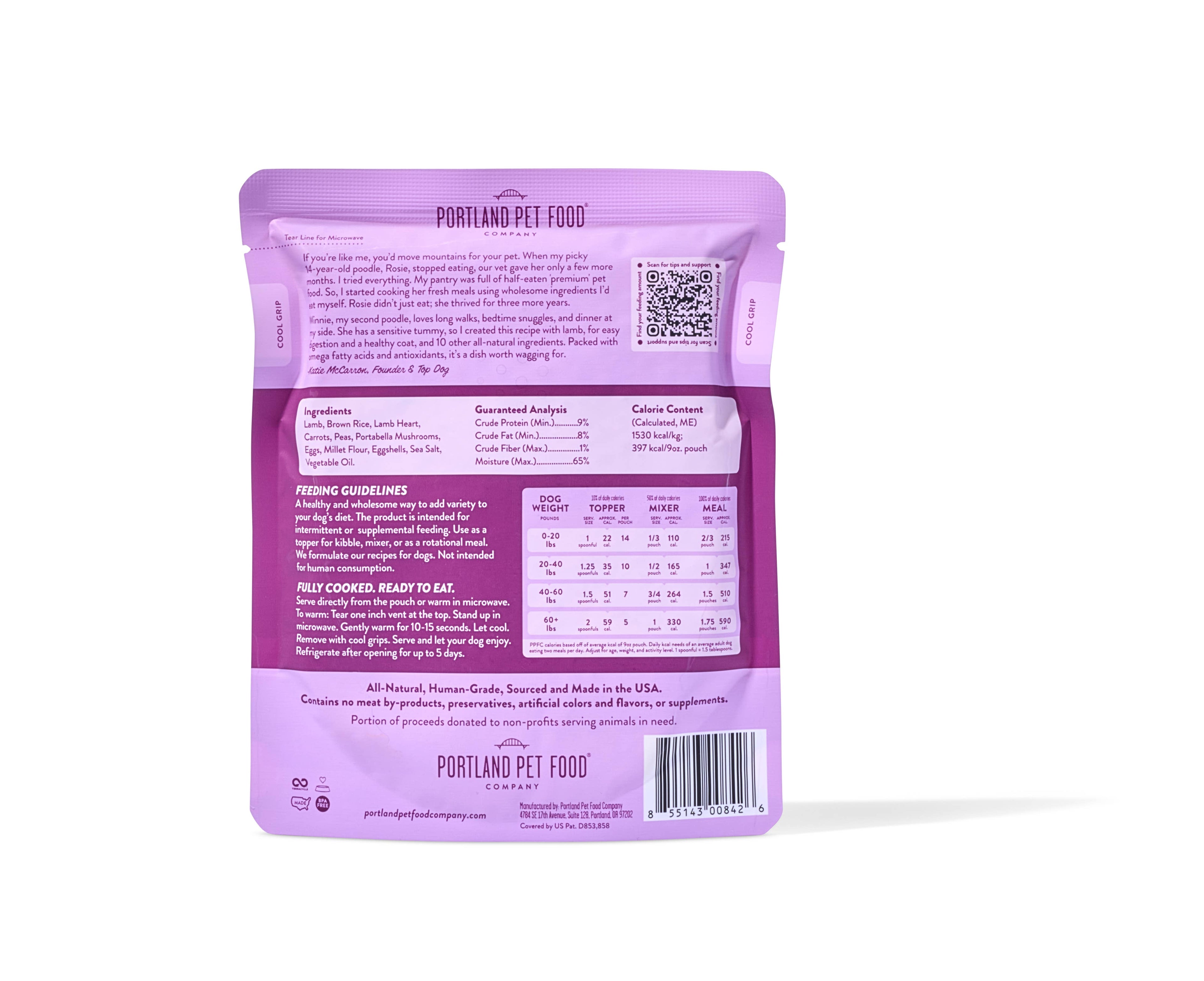Portland Pet Food Company - Winnie's Lamb N' Rice Human Grade Fresh Wet Food Dog Pouches