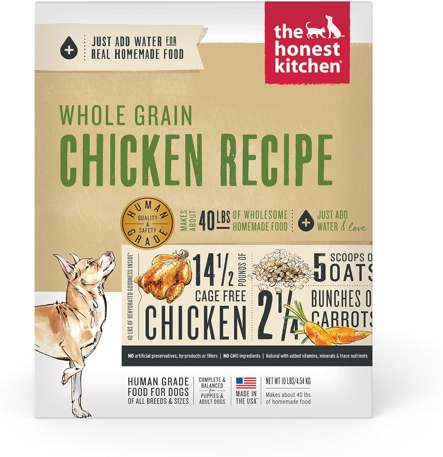 The Honest Kitchen Human Grade Dehydrated Whole Grain Dog Food – Complete Meal or Topper – Chicken 10 lb (makes 40 lbs) - Dog.Dog.Cat.