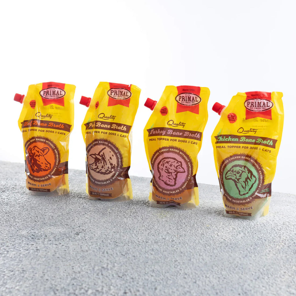 Primal Bone Broth - 20oz Variety Pack: Beef, Chicken, Turkey - Dog.Dog.Cat.